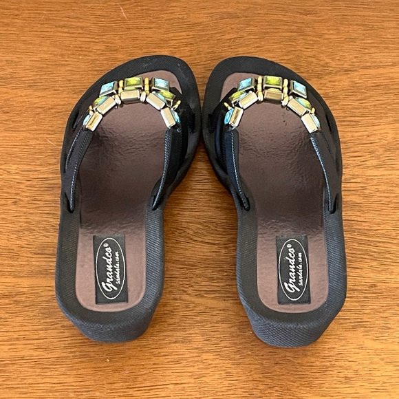 Grandco Sandals 6 Black Blue Green Crystals 3 Strap Slide Wedge - Picture 8 of 11